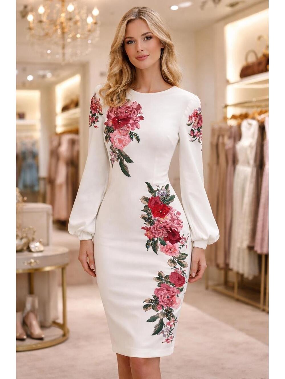 Badgley Mischka * 4 White Floral Embroidered Midi Dress Long Sleeve Modest Chic - Picture 3 of 6